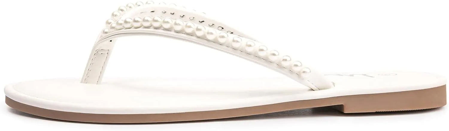 LM Women's Pearls Strappy Flat Sandals Thong Sandals Flip Flop Slip On Slide Sandals for Women Dressy Summer