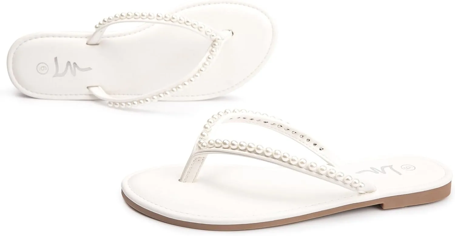 LM Women's Pearls Strappy Flat Sandals Thong Sandals Flip Flop Slip On Slide Sandals for Women Dressy Summer