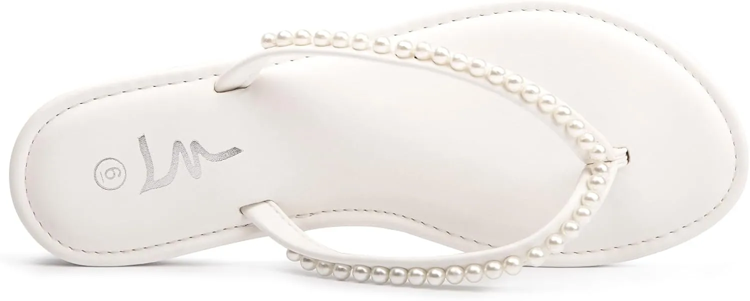 LM Women's Pearls Strappy Flat Sandals Thong Sandals Flip Flop Slip On Slide Sandals for Women Dressy Summer