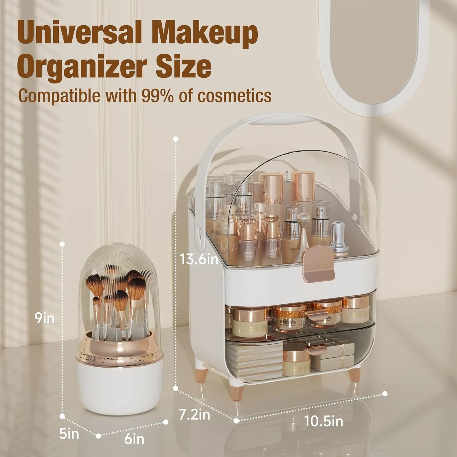 Makeup Organizer Countertop, Makeup Brush Holder with Lid & Drawers, Bathroom Vanity Organizer and Storage, Make Up Organizer for Vanity, Skincare Organizer Gifts for Girls, Wife, Mom