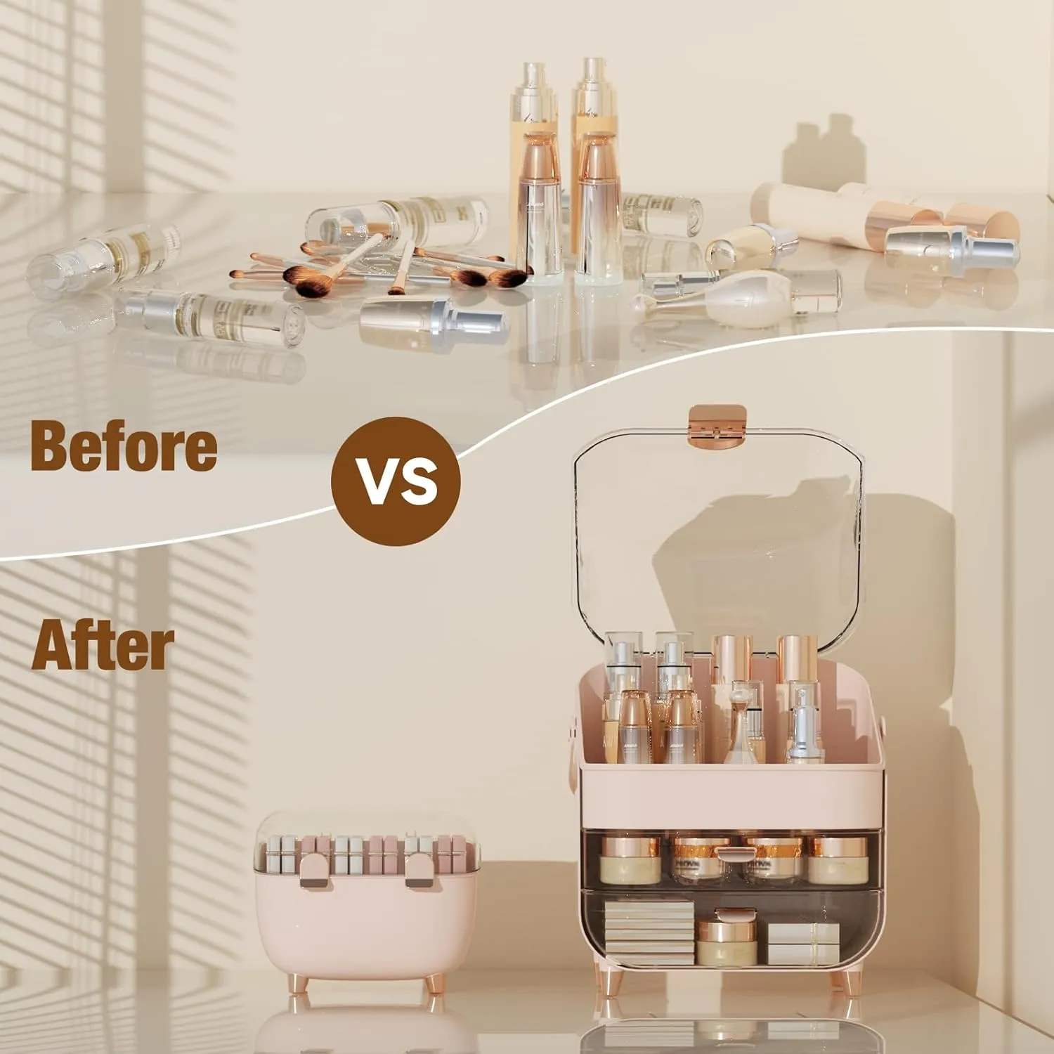 Makeup Organizer Countertop, Makeup Brush Holder with Lid & Drawers, Bathroom Vanity Organizer and Storage, Make Up Organizer for Vanity, Skincare Organizer Gifts for Girls, Wife, Mom