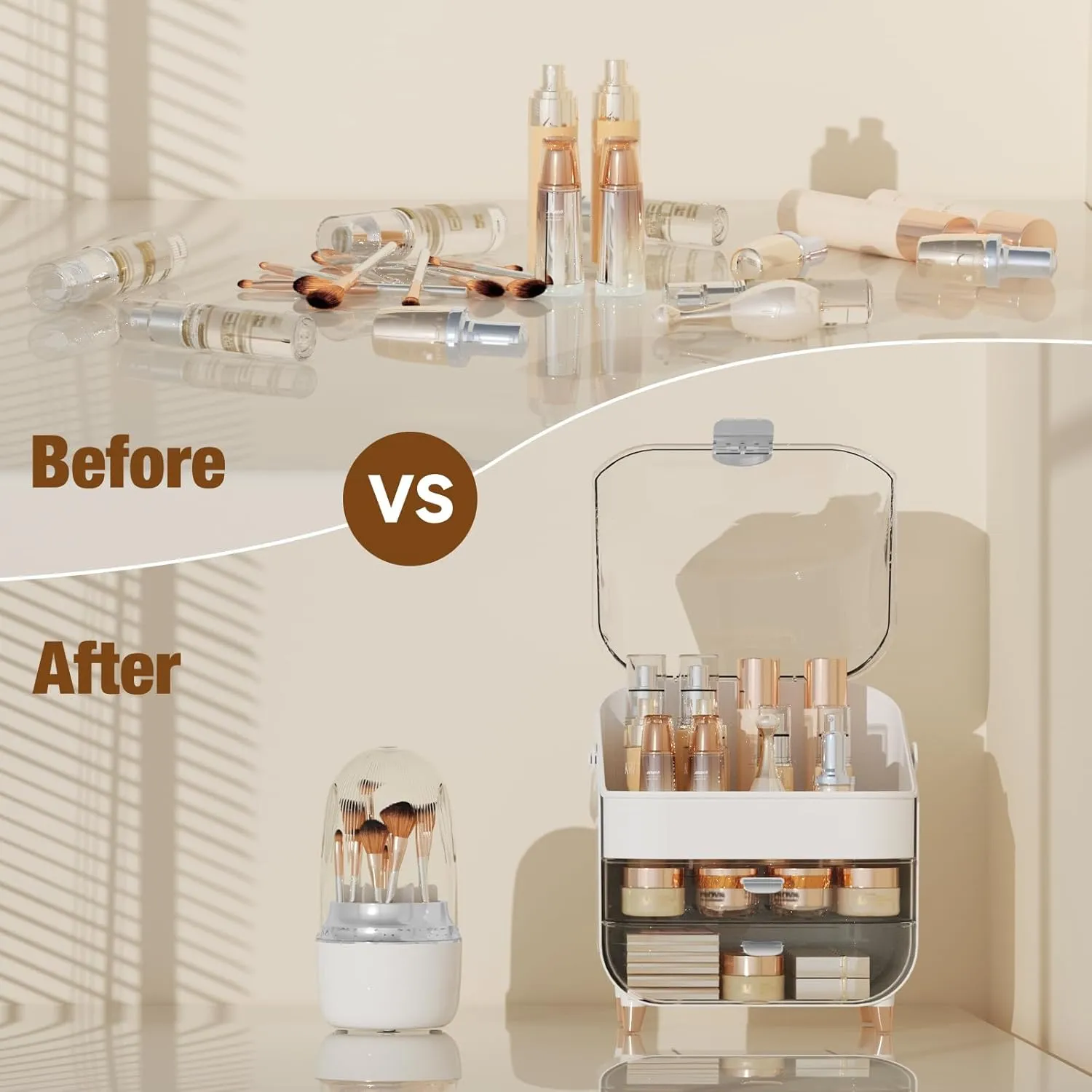 Makeup Organizer Countertop, Makeup Brush Holder with Lid & Drawers, Bathroom Vanity Organizer and Storage, Make Up Organizer for Vanity, Skincare Organizer Gifts for Girls, Wife, Mom