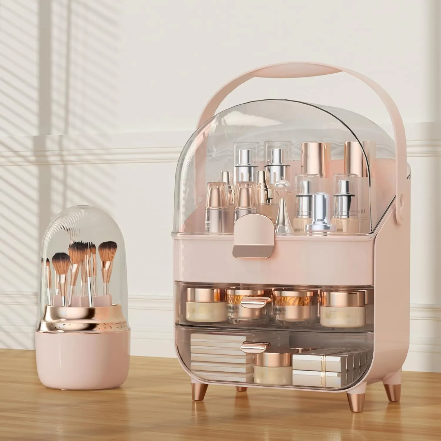 Makeup Organizer Countertop, Makeup Brush Holder with Lid & Drawers, Bathroom Vanity Organizer and Storage, Make Up Organizer for Vanity, Skincare Organizer Gifts for Girls, Wife, Mom