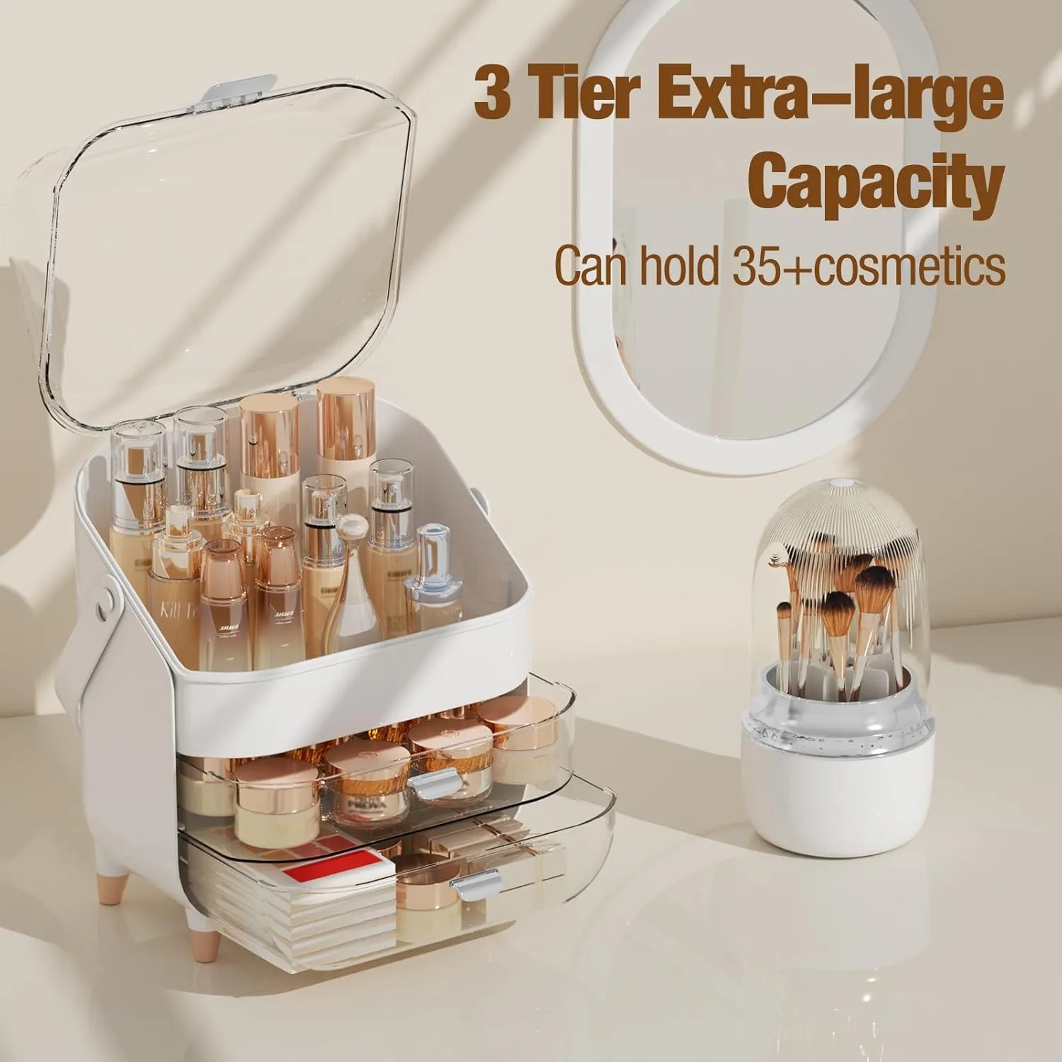 Makeup Organizer Countertop, Makeup Brush Holder with Lid & Drawers, Bathroom Vanity Organizer and Storage, Make Up Organizer for Vanity, Skincare Organizer Gifts for Girls, Wife, Mom