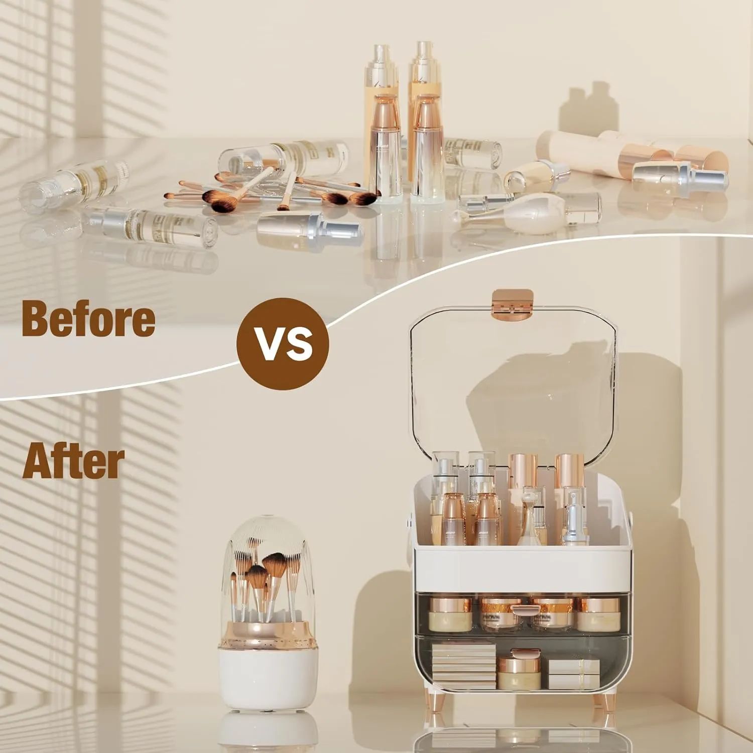 Makeup Organizer Countertop, Makeup Brush Holder with Lid & Drawers, Bathroom Vanity Organizer and Storage, Make Up Organizer for Vanity, Skincare Organizer Gifts for Girls, Wife, Mom