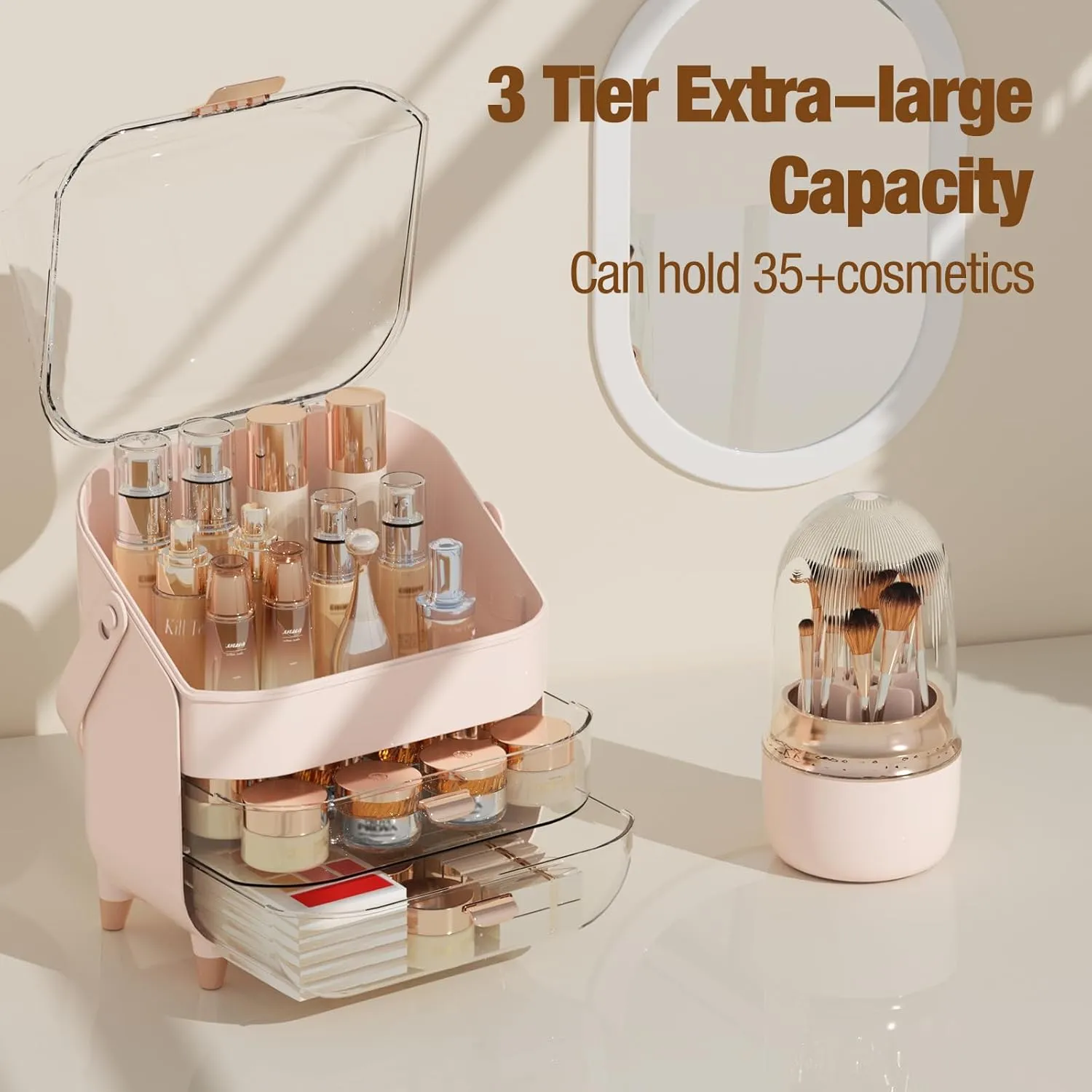 Makeup Organizer Countertop, Makeup Brush Holder with Lid & Drawers, Bathroom Vanity Organizer and Storage, Make Up Organizer for Vanity, Skincare Organizer Gifts for Girls, Wife, Mom