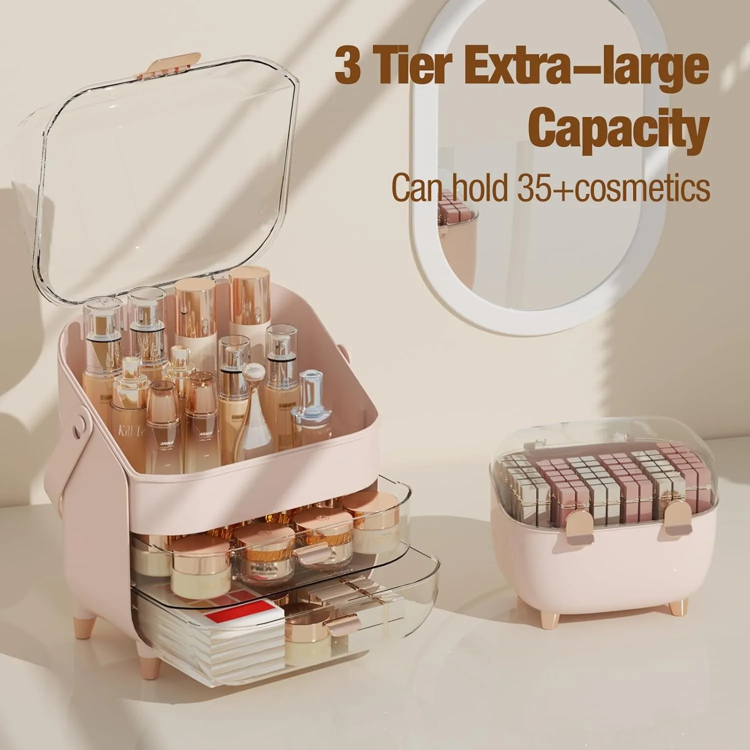 Makeup Organizer Countertop, Makeup Brush Holder with Lid & Drawers, Bathroom Vanity Organizer and Storage, Make Up Organizer for Vanity, Skincare Organizer Gifts for Girls, Wife, Mom