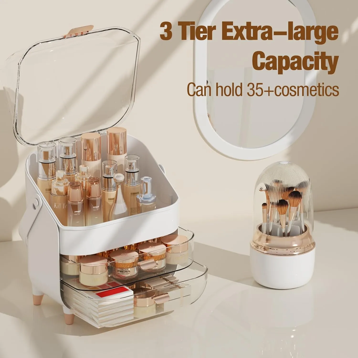 Makeup Organizer Countertop, Makeup Brush Holder with Lid & Drawers, Bathroom Vanity Organizer and Storage, Make Up Organizer for Vanity, Skincare Organizer Gifts for Girls, Wife, Mom