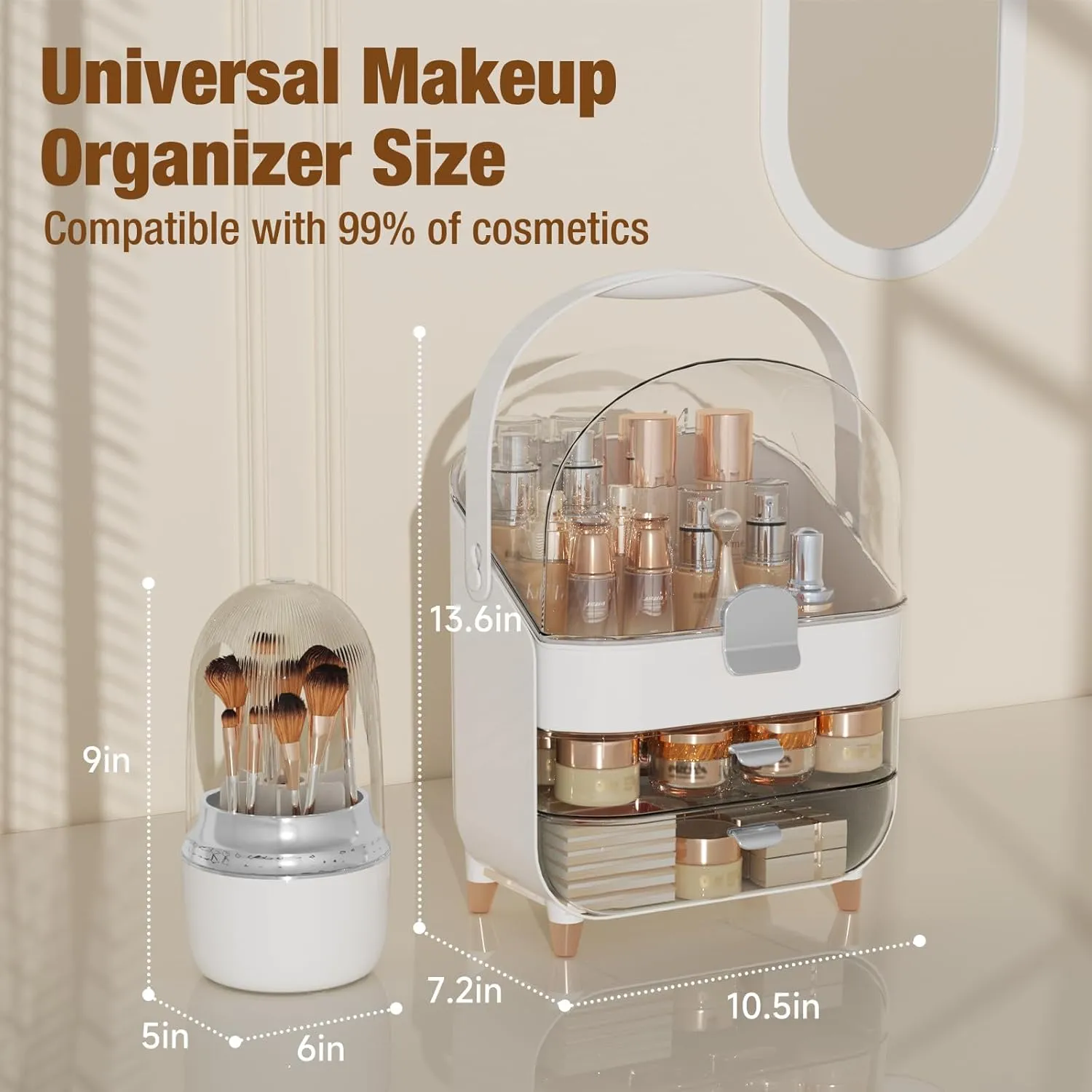 Makeup Organizer Countertop, Makeup Brush Holder with Lid & Drawers, Bathroom Vanity Organizer and Storage, Make Up Organizer for Vanity, Skincare Organizer Gifts for Girls, Wife, Mom