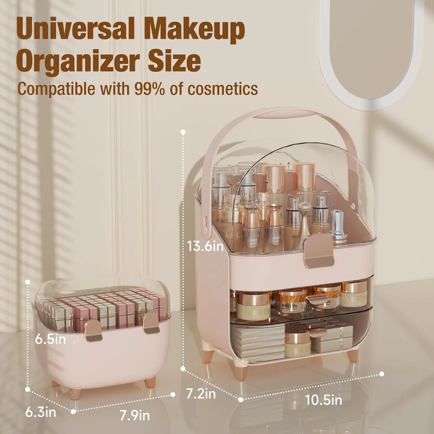 Makeup Organizer Countertop, Makeup Brush Holder with Lid & Drawers, Bathroom Vanity Organizer and Storage, Make Up Organizer for Vanity, Skincare Organizer Gifts for Girls, Wife, Mom