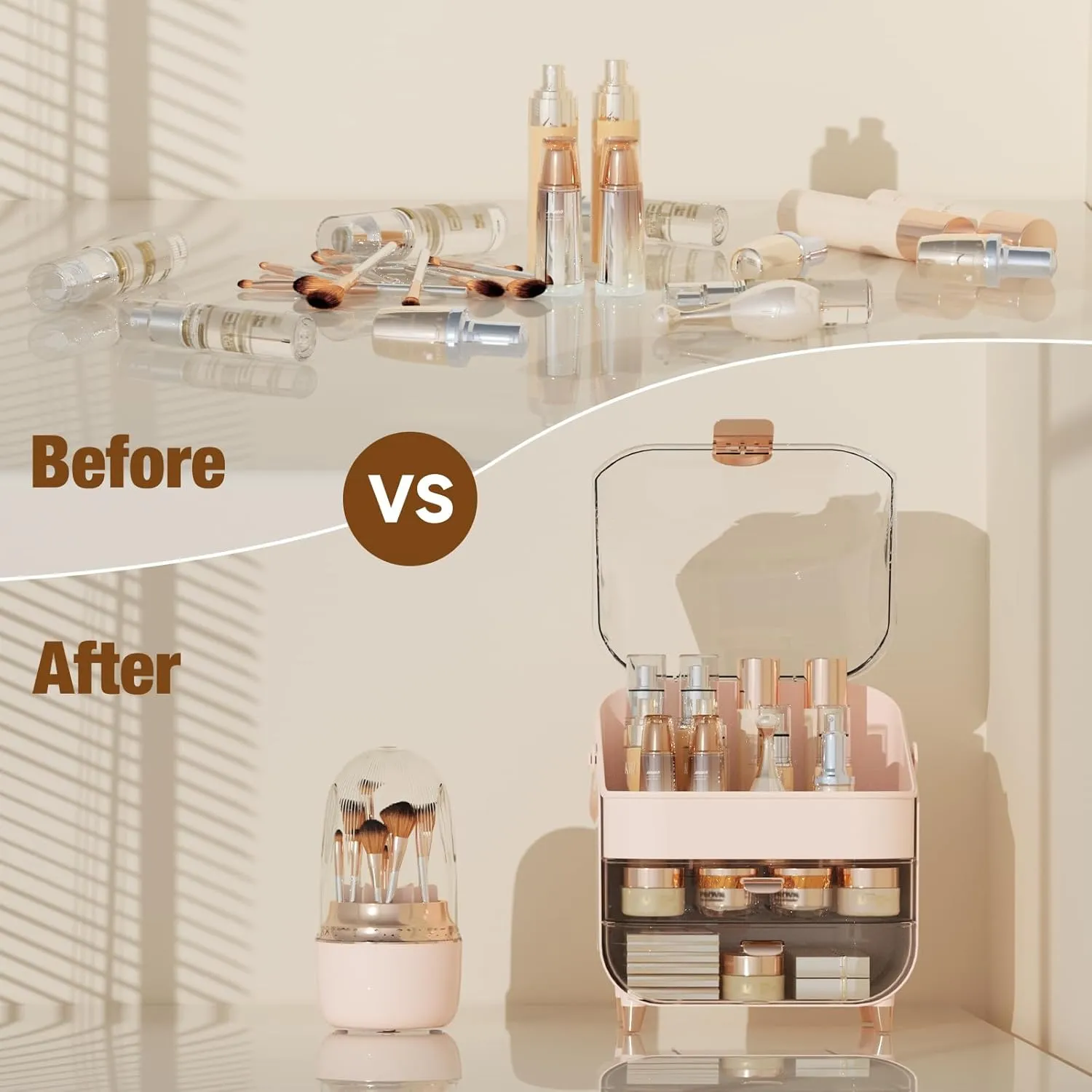 Makeup Organizer Countertop, Makeup Brush Holder with Lid & Drawers, Bathroom Vanity Organizer and Storage, Make Up Organizer for Vanity, Skincare Organizer Gifts for Girls, Wife, Mom