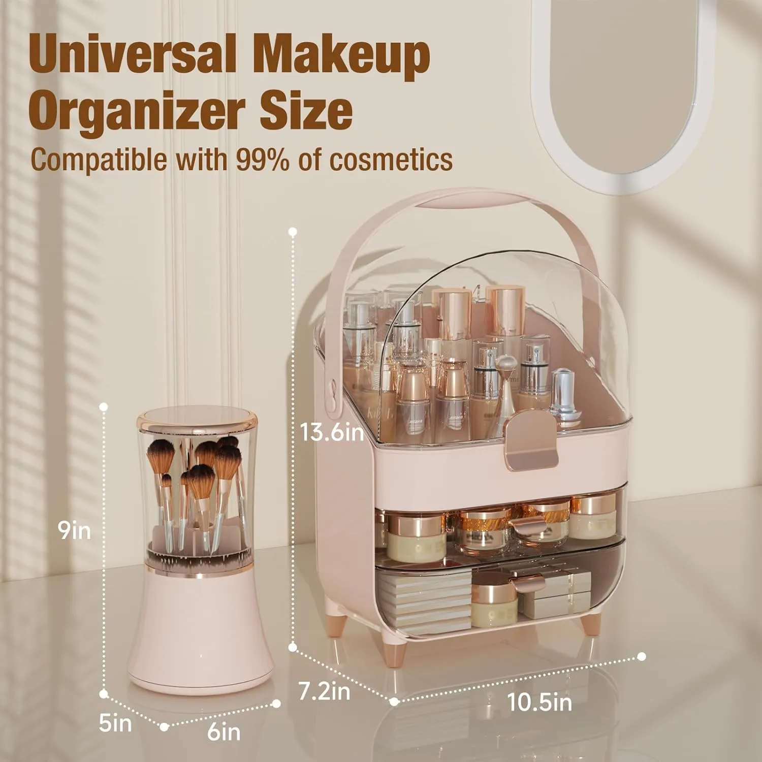 Makeup Organizer Countertop Set, Makeup Brush Holder with Lid & Drawers, Bathroom Make Up Organizer for Vanity, Skincare Organizer Gifts for Girls, Wife, Mom