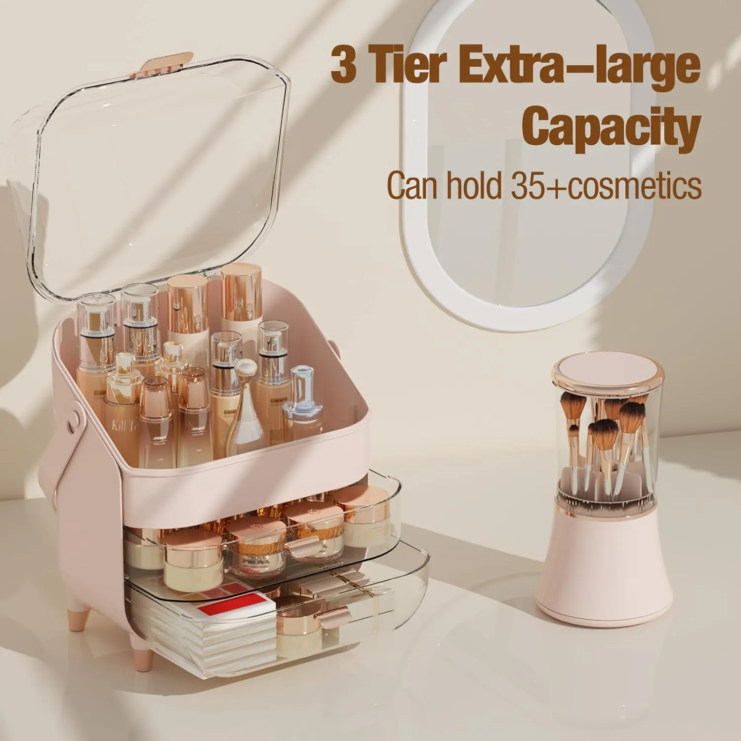Makeup Organizer Countertop Set, Makeup Brush Holder with Lid & Drawers, Bathroom Make Up Organizer for Vanity, Skincare Organizer Gifts for Girls, Wife, Mom