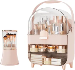 Makeup Organizer Countertop Set, Makeup Brush Holder with Lid & Drawers, Bathroom Make Up Organizer for Vanity, Skincare Organizer Gifts for Girls, Wife, Mom