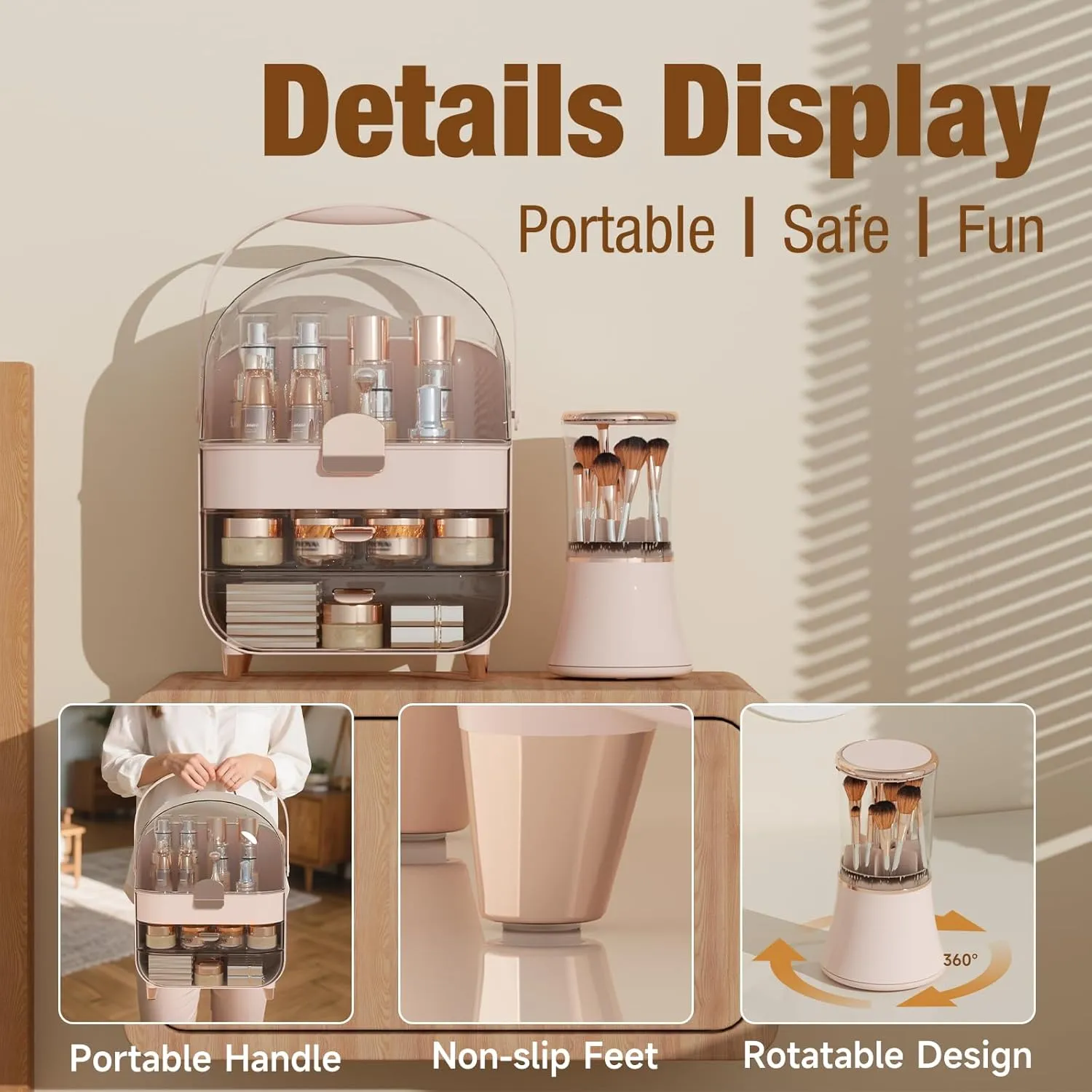 Makeup Organizer Countertop Set, Makeup Brush Holder with Lid & Drawers, Bathroom Make Up Organizer for Vanity, Skincare Organizer Gifts for Girls, Wife, Mom