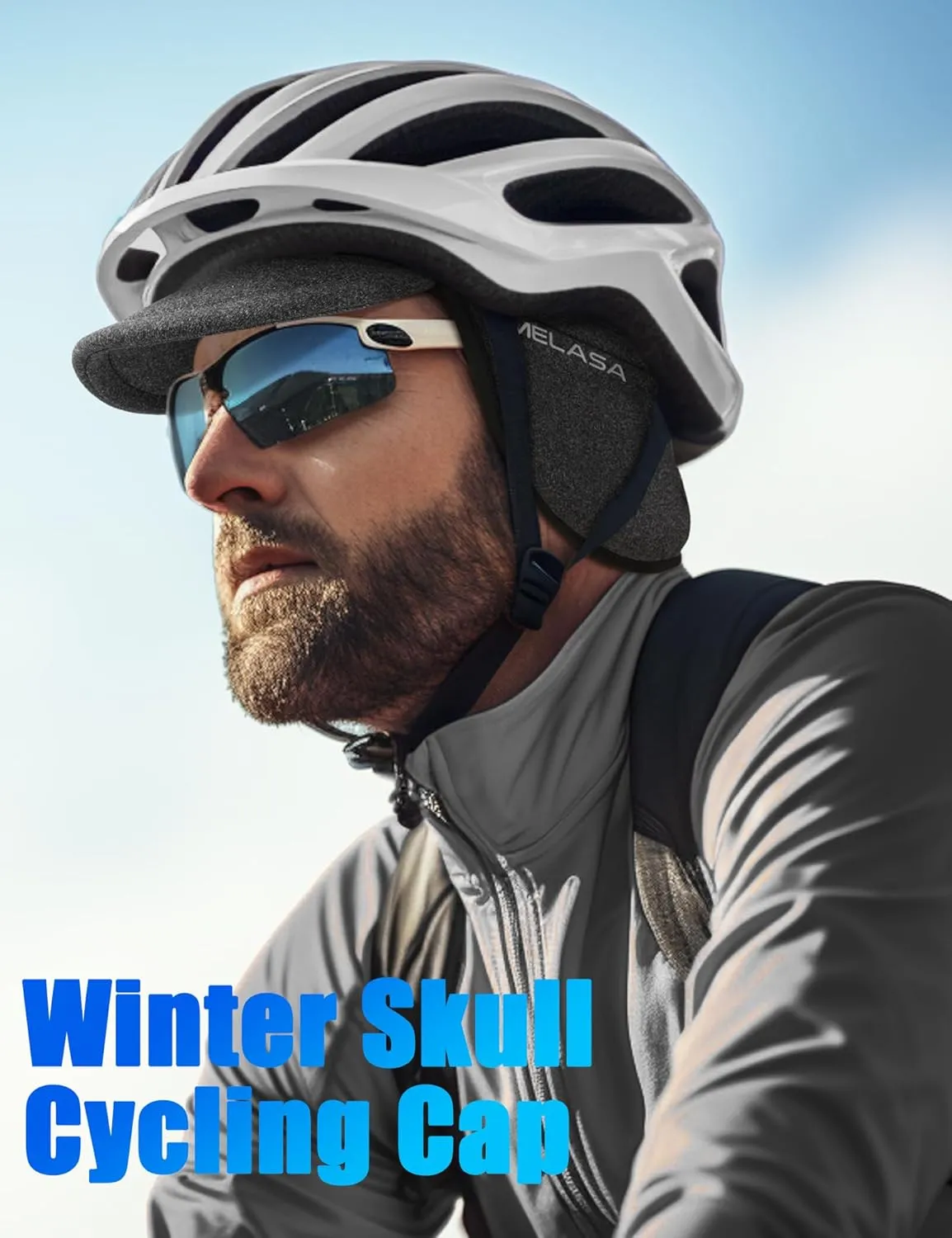 MELASA Winter Fleece Cycling Cap, Ear Warmers Skull Cap Helmet Liner with Sun Visor, Bike Hat Running Beanie for Men Women