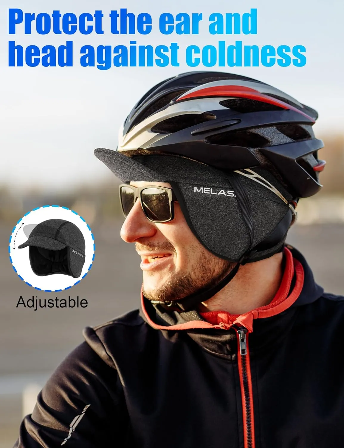 MELASA Winter Fleece Cycling Cap, Ear Warmers Skull Cap Helmet Liner with Sun Visor, Bike Hat Running Beanie for Men Women