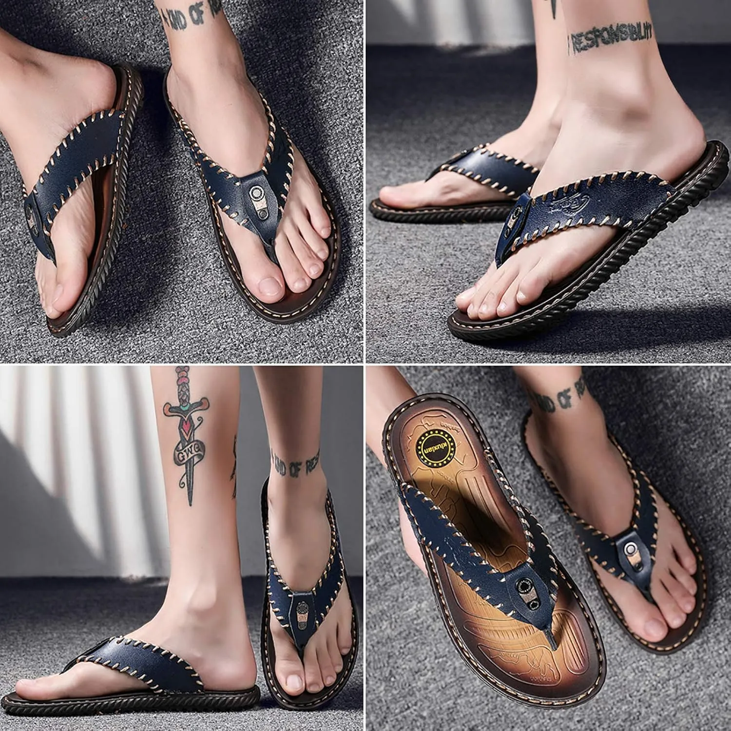 Mens Flip Flops Casual Leather Home Sandals for Mens Rubber Sole Slippers