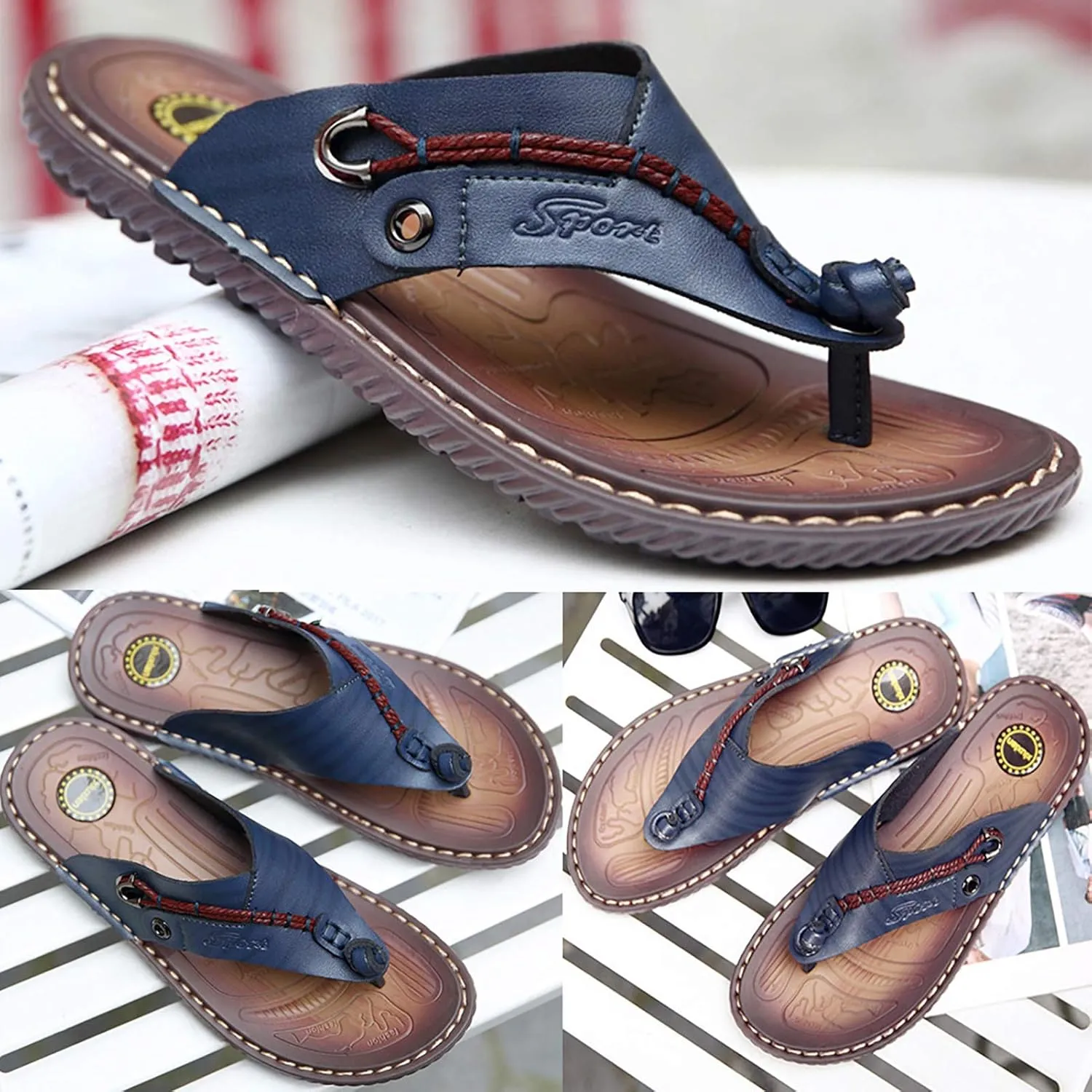 Mens Flip Flops Casual Leather Home Sandals for Mens Rubber Sole Slippers