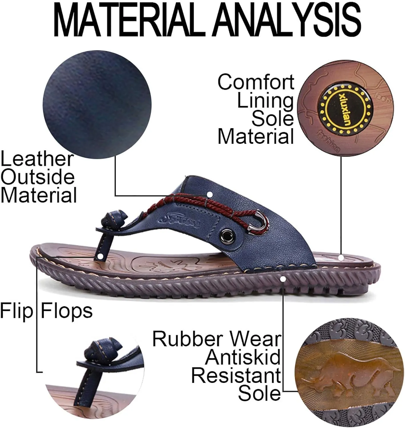 Mens Flip Flops Casual Leather Home Sandals for Mens Rubber Sole Slippers