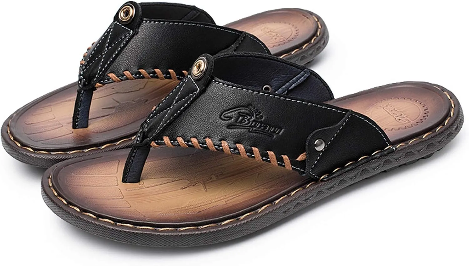 Mens Flip Flops Casual Leather Home Sandals for Mens Rubber Sole Slippers