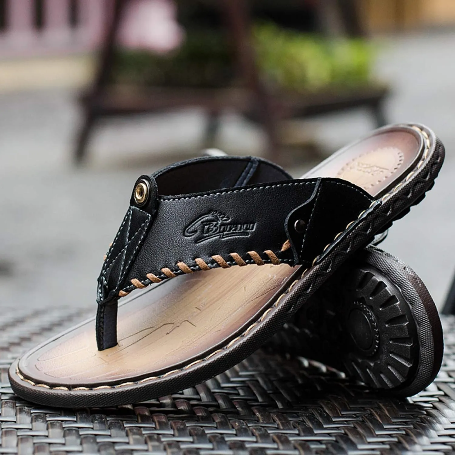Mens Flip Flops Casual Leather Home Sandals for Mens Rubber Sole Slippers