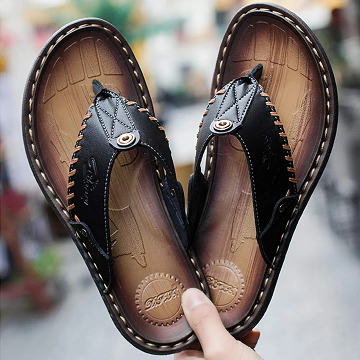 Mens Flip Flops Casual Leather Home Sandals for Mens Rubber Sole Slippers