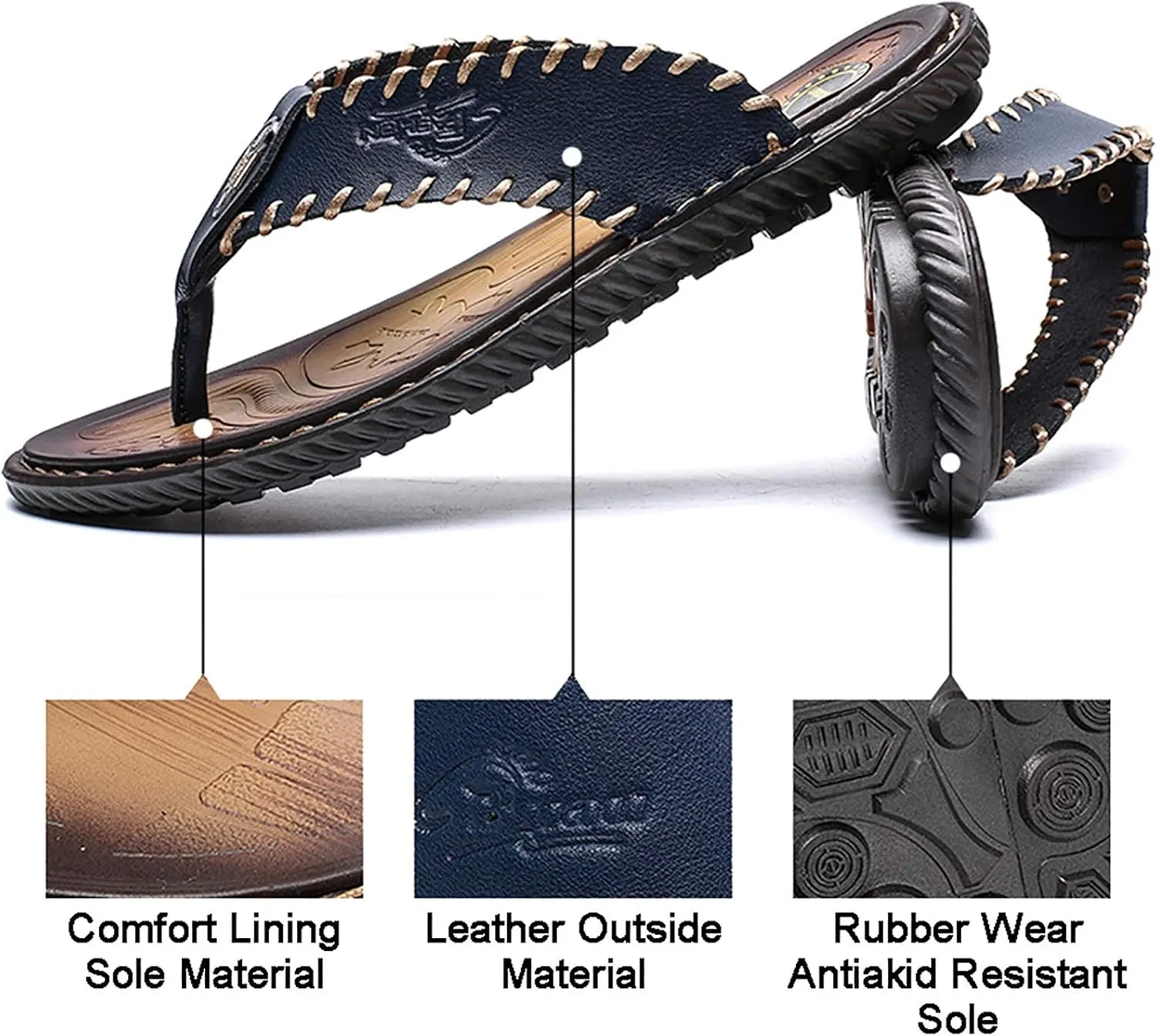 Mens Flip Flops Casual Leather Home Sandals for Mens Rubber Sole Slippers