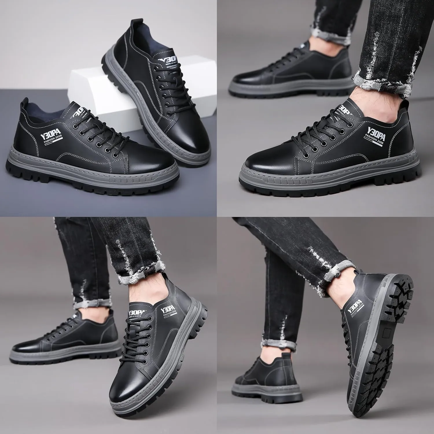Men's Genuine Leather Casual Oxfords Shoes Platform Comfortable Non-Slip Fashion Low-Top Outdoor Sneaker Work Dress Shoes