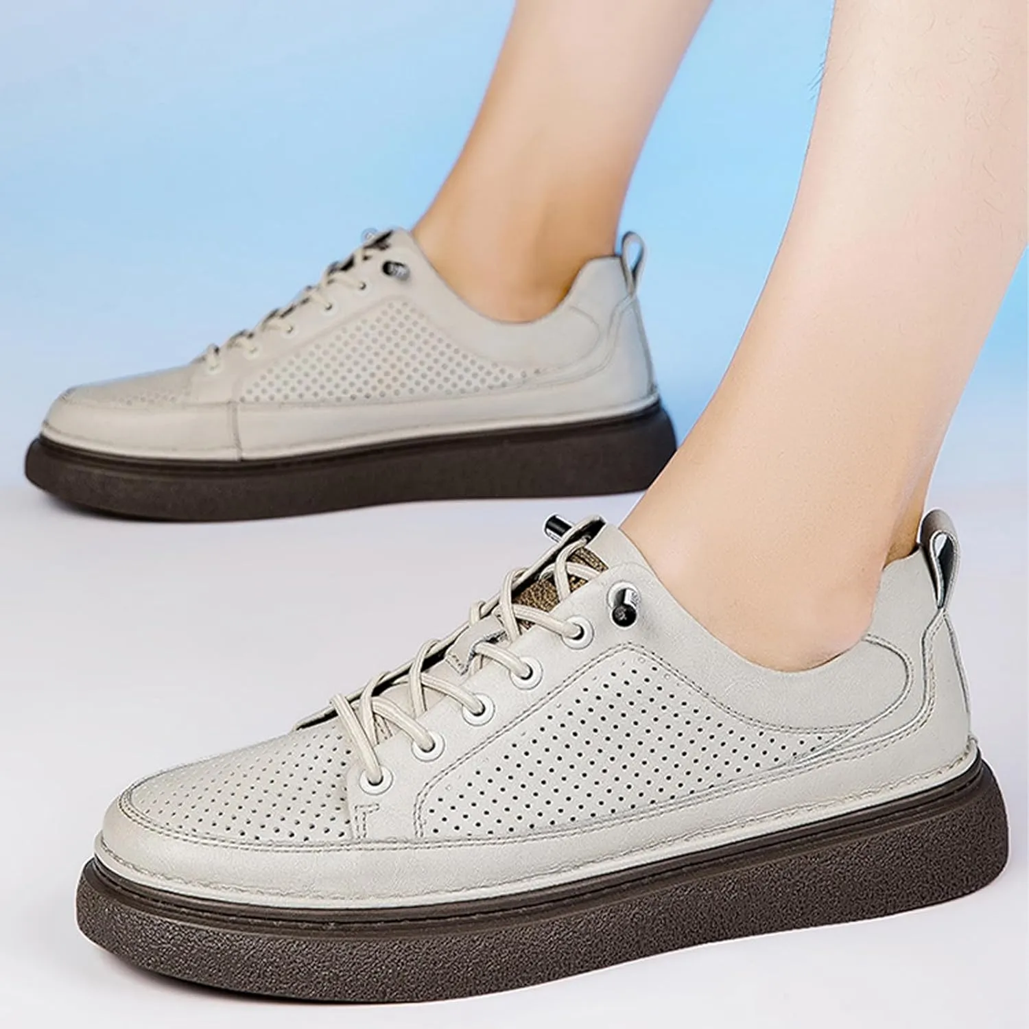 Men's Genuine Leather Platform Slip On Fashion Sneakers Round toe Retro hollow Soft bottom Comfortable Lace-up casual Skateboard Shoes for Walking Driving Business Working Office