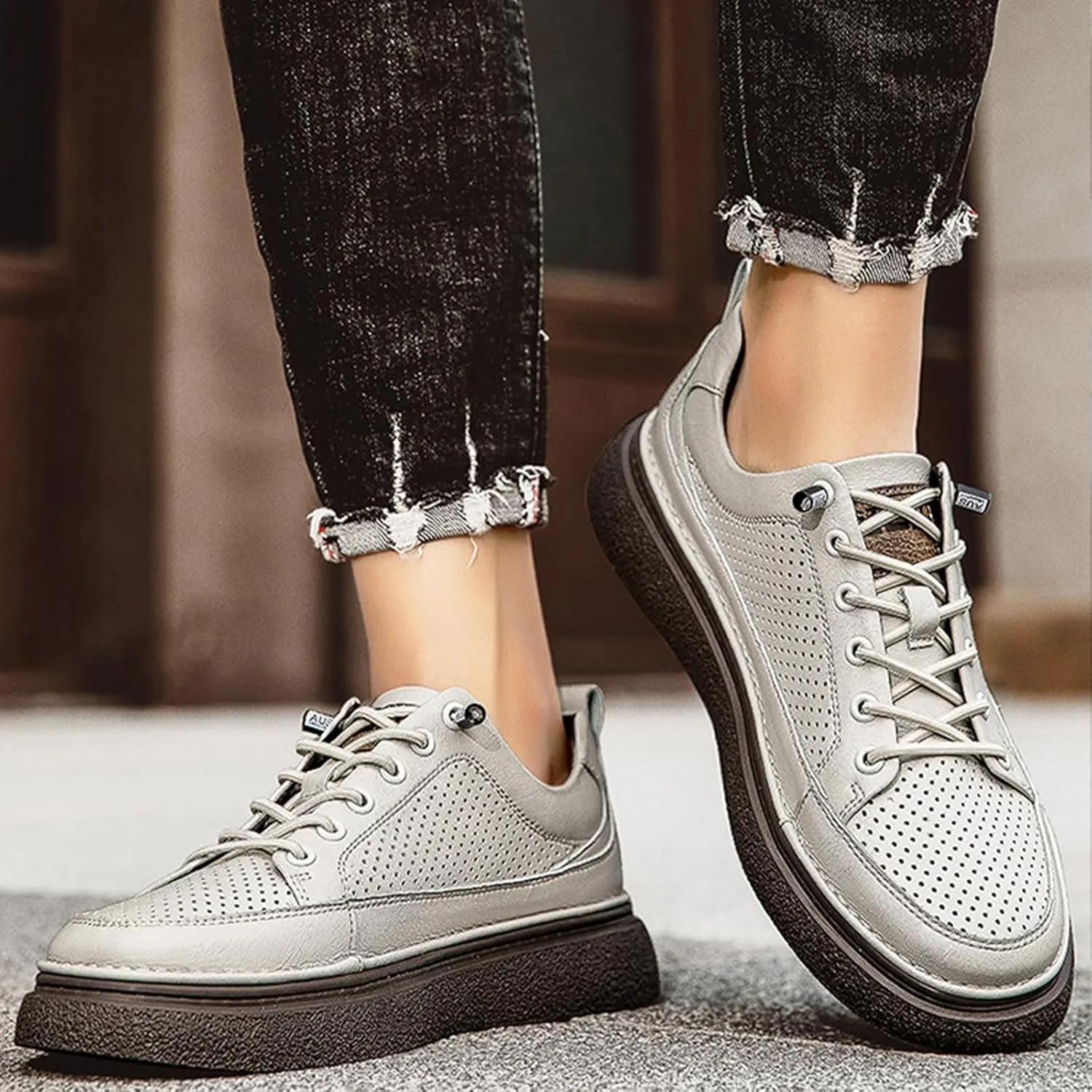 Men's Genuine Leather Platform Slip On Fashion Sneakers Round toe Retro hollow Soft bottom Comfortable Lace-up casual Skateboard Shoes for Walking Driving Business Working Office