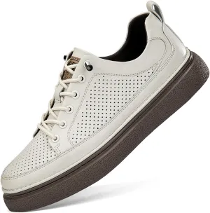 Men's Genuine Leather Platform Slip On Fashion Sneakers Round toe Retro hollow Soft bottom Comfortable Lace-up casual Skateboard Shoes for Walking Driving Business Working Office