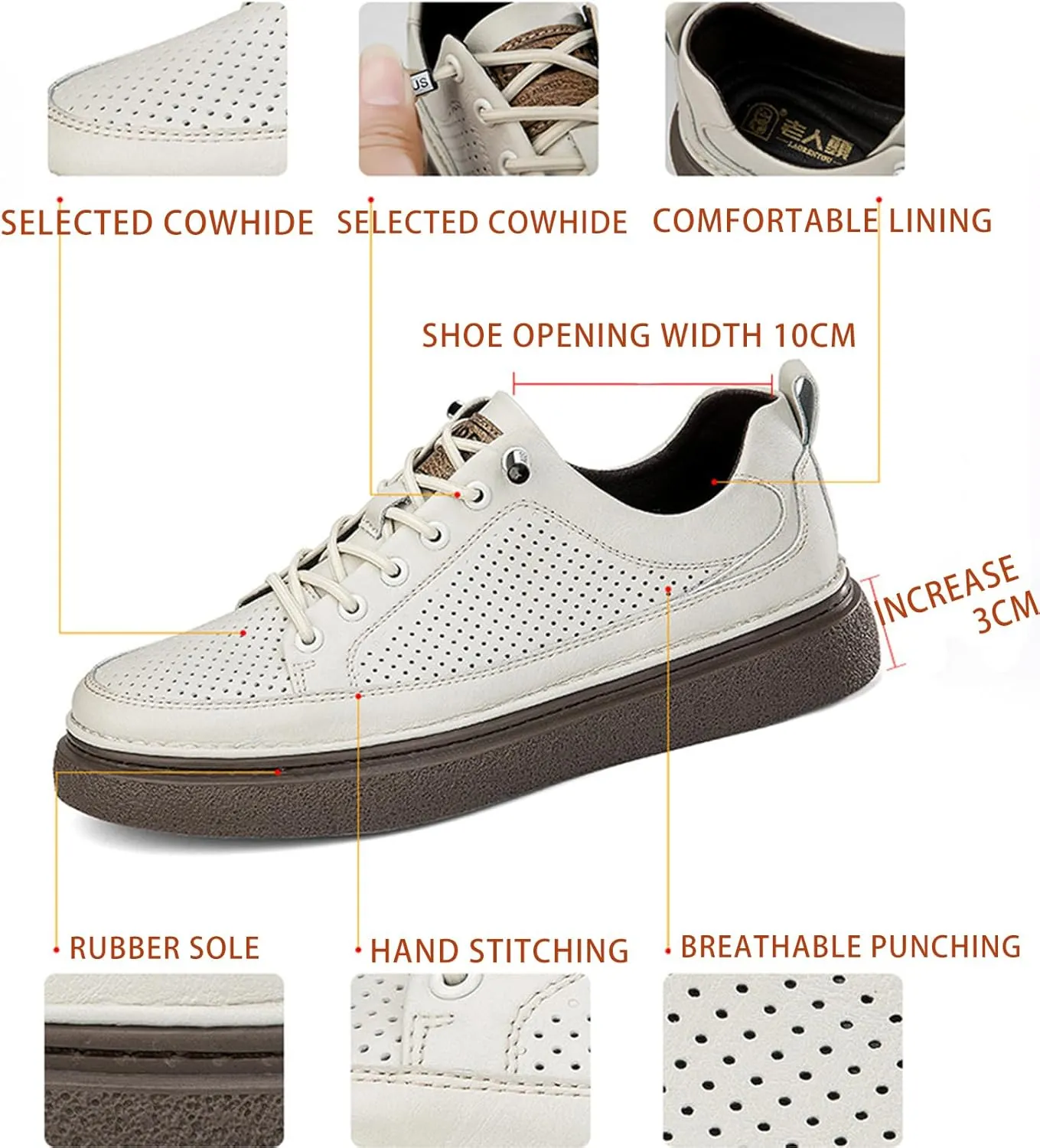 Men's Genuine Leather Platform Slip On Fashion Sneakers Round toe Retro hollow Soft bottom Comfortable Lace-up casual Skateboard Shoes for Walking Driving Business Working Office