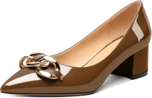 Mettesally Women's Block Heel Pumps Pointed Toe Mid Heels Heeled Pumps Low Heels with Metal Chain Dressy Wedding Party Shoes