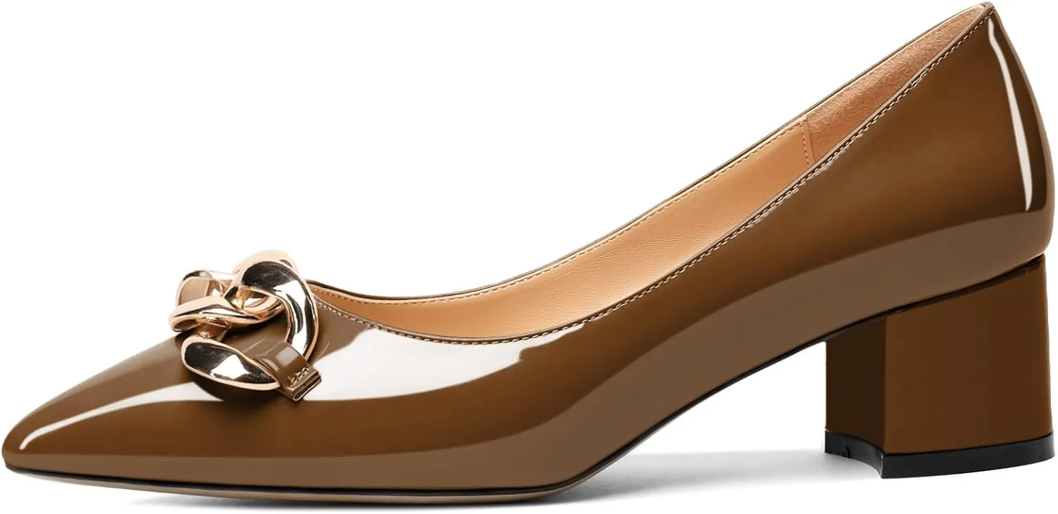 Mettesally Women's Block Heel Pumps Pointed Toe Mid Heels Heeled Pumps Low Heels with Metal Chain Dressy Wedding Party Shoes