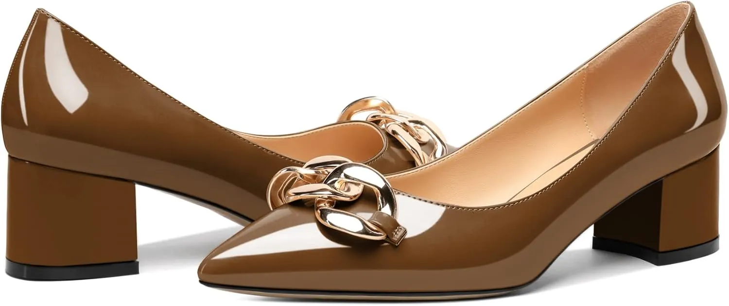 Mettesally Women's Block Heel Pumps Pointed Toe Mid Heels Heeled Pumps Low Heels with Metal Chain Dressy Wedding Party Shoes