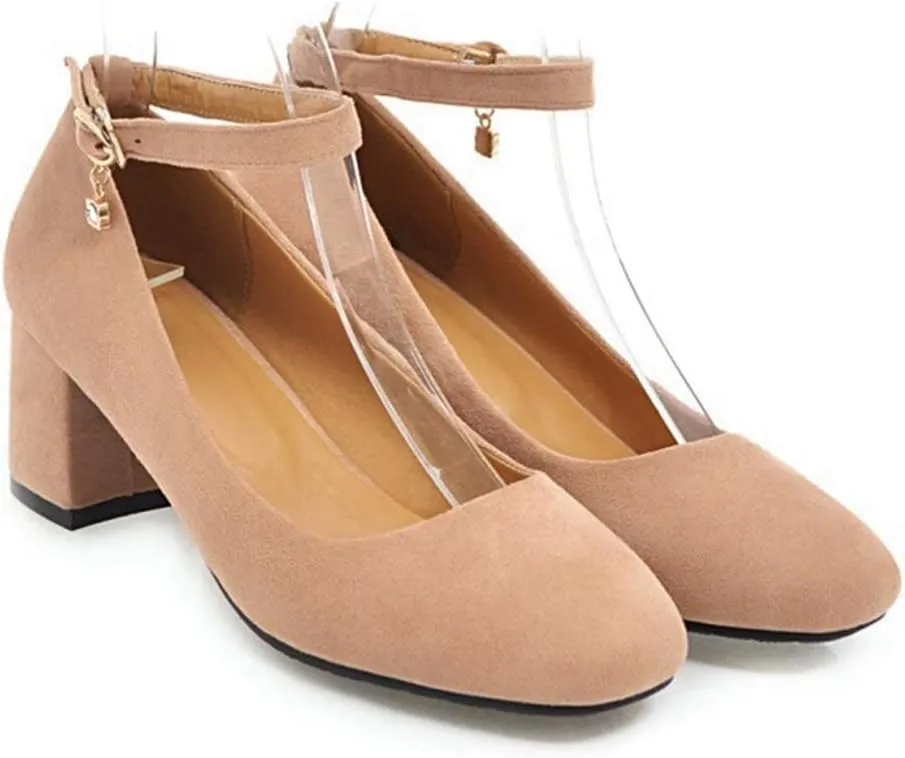 MIOKE Women's Chunky Mid Block Heel Pumps Suede Round Toe Ankle Strap Comfort Elegant Office Dress Shoes