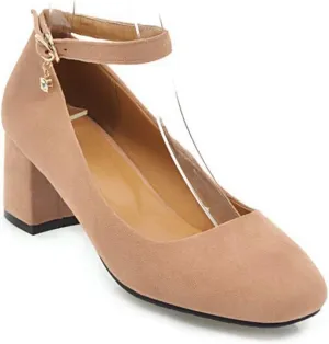 MIOKE Women's Chunky Mid Block Heel Pumps Suede Round Toe Ankle Strap Comfort Elegant Office Dress Shoes