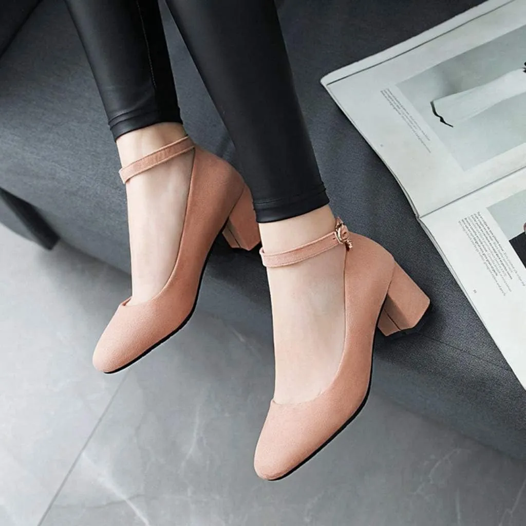MIOKE Women's Chunky Mid Block Heel Pumps Suede Round Toe Ankle Strap Comfort Elegant Office Dress Shoes