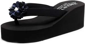 MIOKE Women's Flower Platform High Heel Flip Flops Summer Bohemia Comfy Nonslip Beach Wedge Thong Sandals