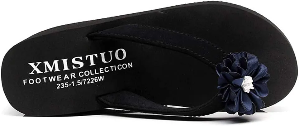 MIOKE Women's Flower Platform High Heel Flip Flops Summer Bohemia Comfy Nonslip Beach Wedge Thong Sandals