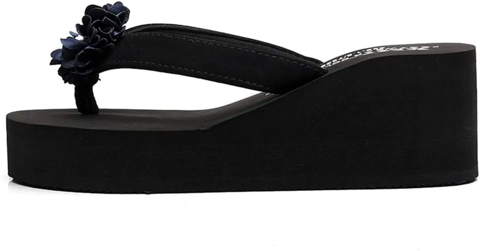 MIOKE Women's Flower Platform High Heel Flip Flops Summer Bohemia Comfy Nonslip Beach Wedge Thong Sandals