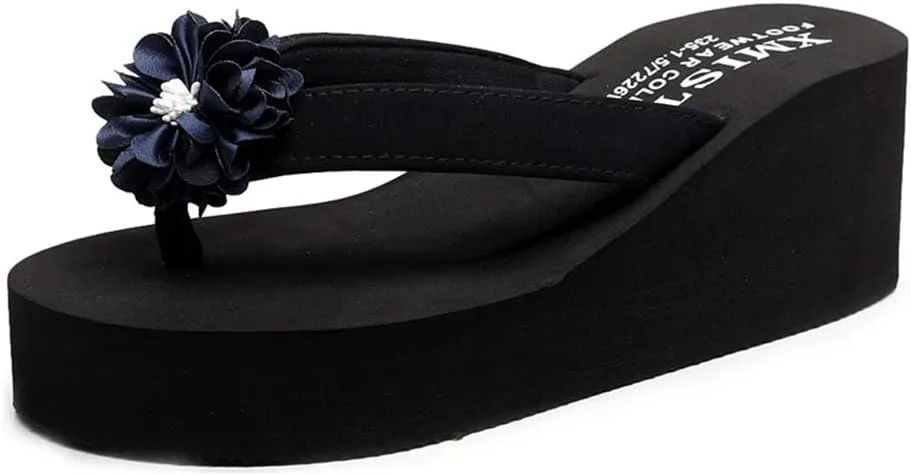 MIOKE Women's Flower Platform High Heel Flip Flops Summer Bohemia Comfy Nonslip Beach Wedge Thong Sandals