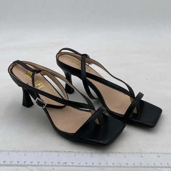 Miss Left Black Open Square Toe Sandals Flip Flop Mid Heel Ankle Strappy Shoes
