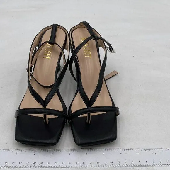 Miss Left Black Open Square Toe Sandals Flip Flop Mid Heel Ankle Strappy Shoes