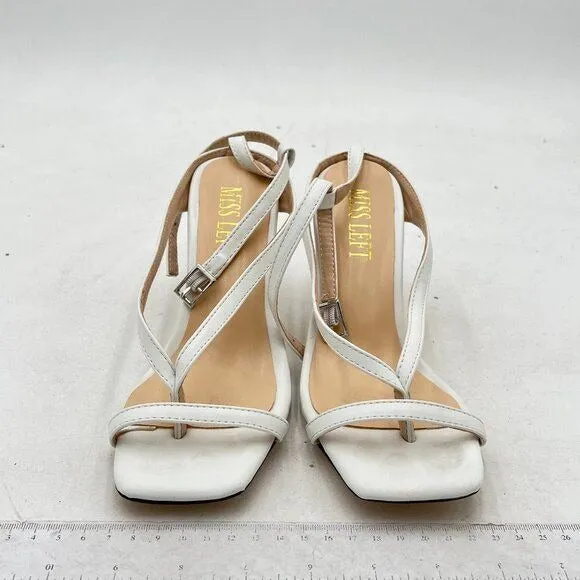 Miss Left White Open Square Toe Sandals Flip Flop Mid Heels Ankle Strappy Shoes