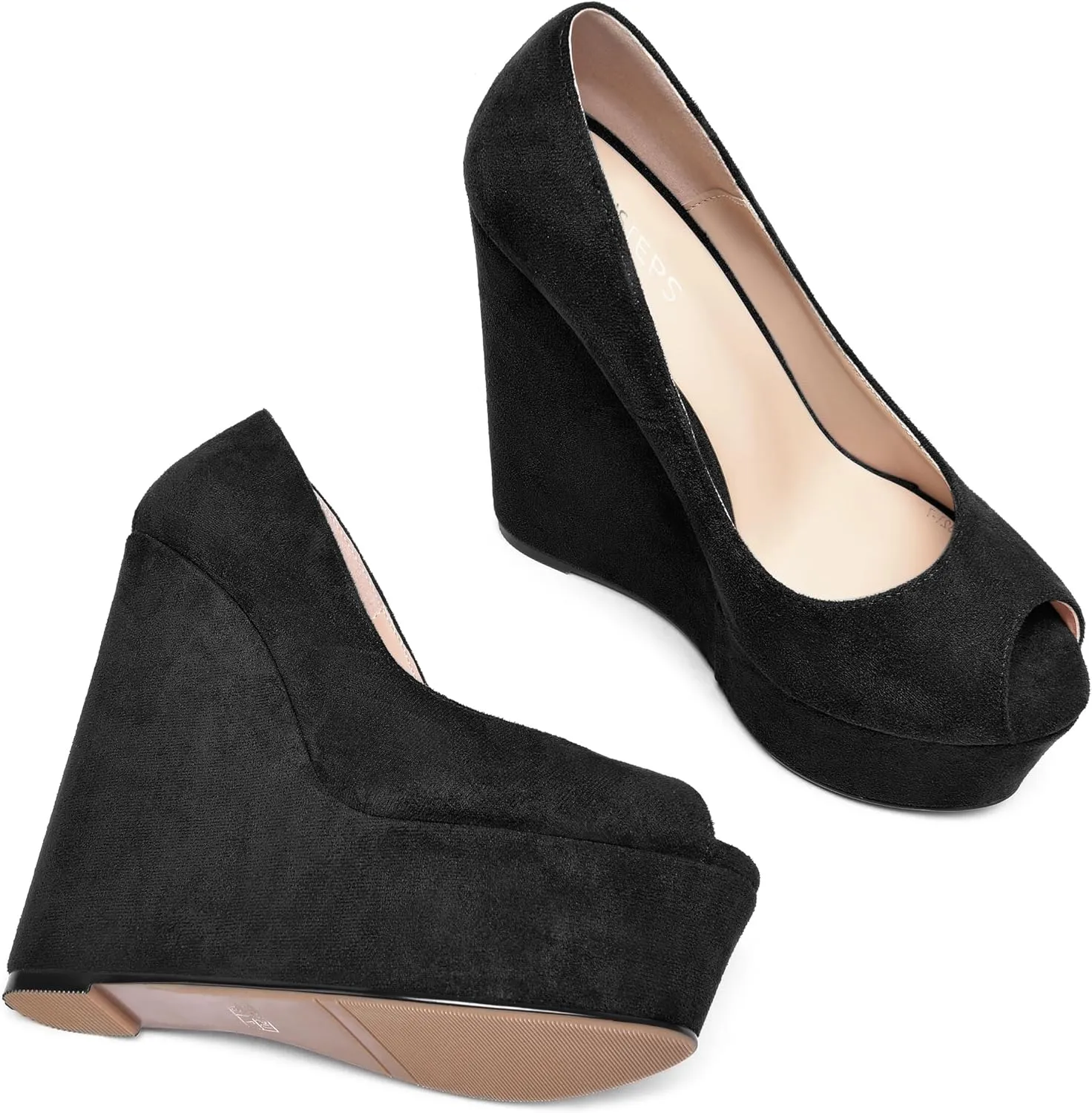 MOVINSTEPS Womens Fashion Peep Toe Suede Night Club Slip On Platform Wedge High Heel Pumps Shoes 6 Inch