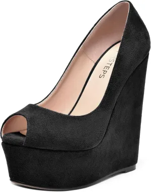 MOVINSTEPS Womens Fashion Peep Toe Suede Night Club Slip On Platform Wedge High Heel Pumps Shoes 6 Inch