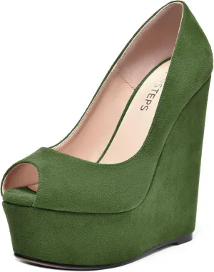 MOVINSTEPS Womens Fashion Peep Toe Suede Night Club Slip On Platform Wedge High Heel Pumps Shoes 6 Inch