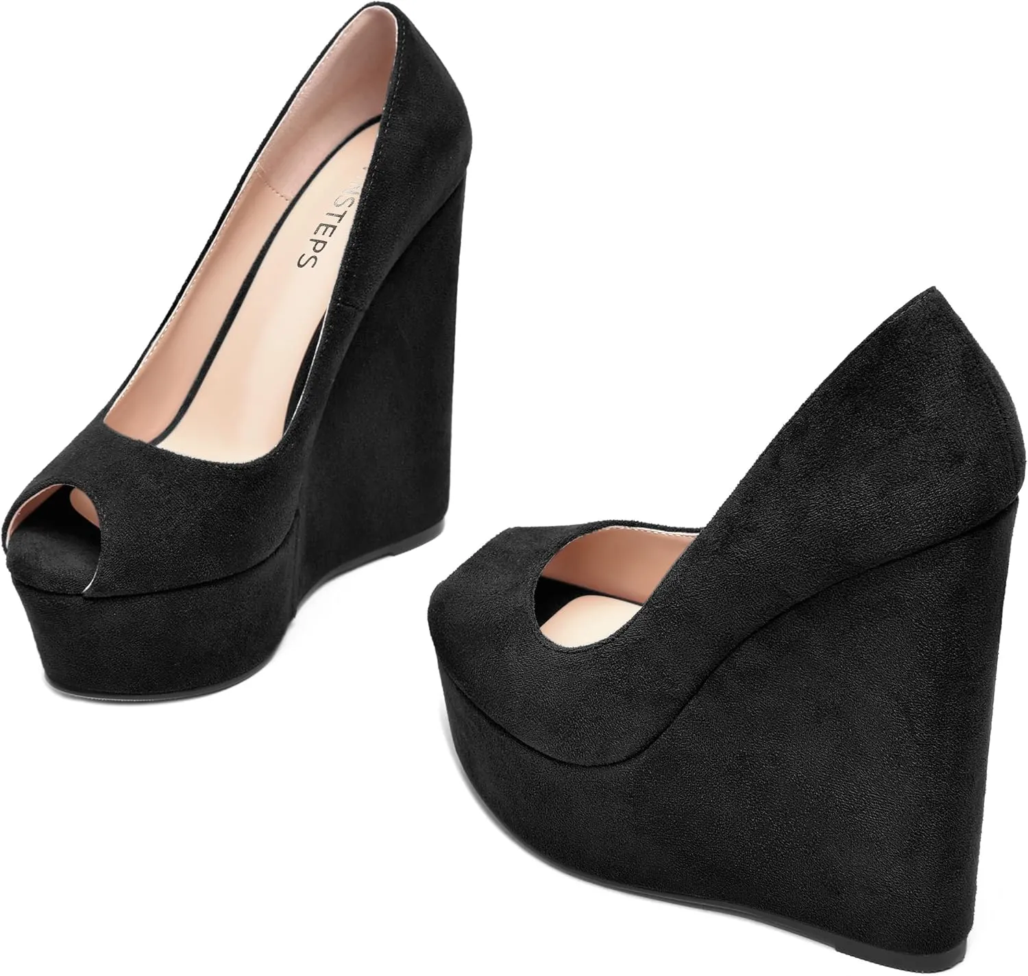 MOVINSTEPS Womens Fashion Peep Toe Suede Night Club Slip On Platform Wedge High Heel Pumps Shoes 6 Inch